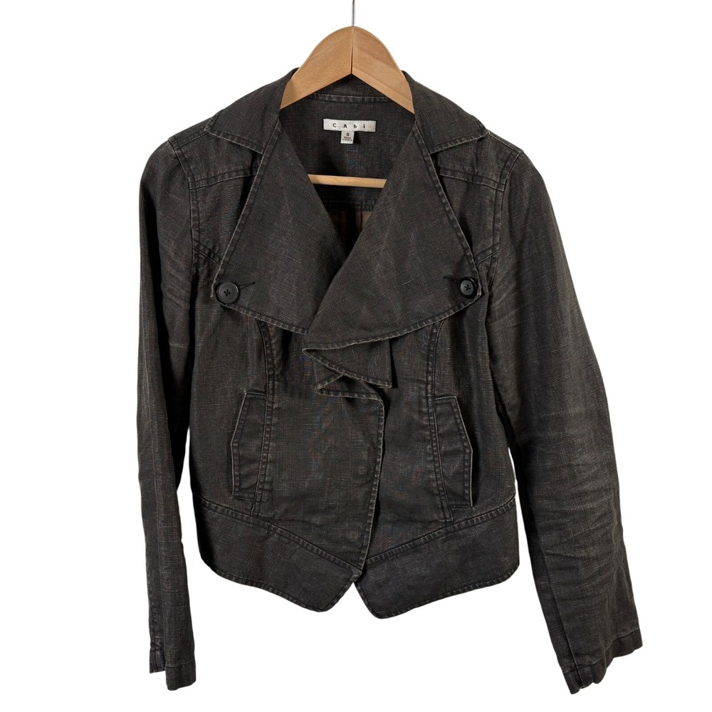 CAbi Waxed Linen Cropped Moto Jacket Ruffle Snap Front Size S Indie Sleaze Biker